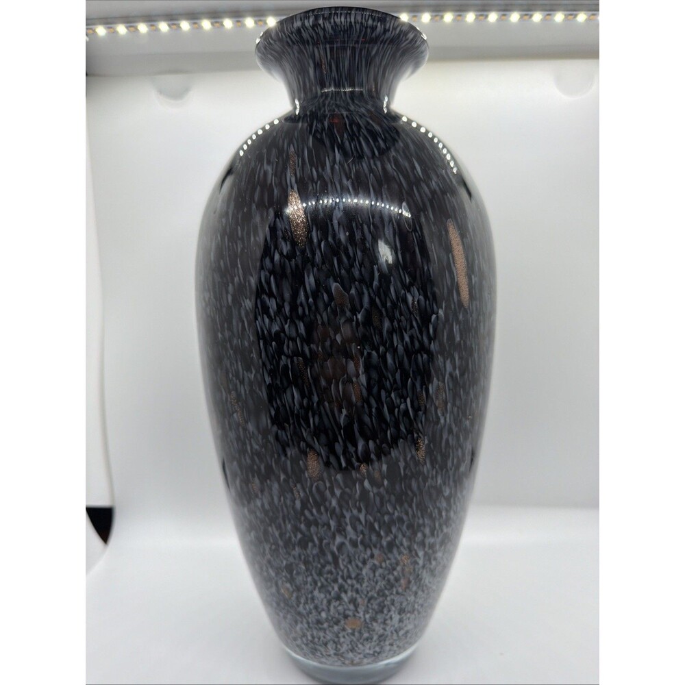 Vintage Murano Style Black Aventurine Art Glass Vase Copper Fleck- Smooth Bottom